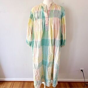 Vintage Women 100% Cotton Plaid Maxi Nightgown Small Pastel Rainbow Retro 70s